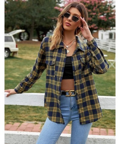 Womens Flannel Shirts Long/Roll Up Sleeve Collared Button Down Plaid Shirt Casual Work Tops S-4XL Z-green Yellow $12.00 Blouses