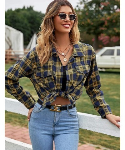 Womens Flannel Shirts Long/Roll Up Sleeve Collared Button Down Plaid Shirt Casual Work Tops S-4XL Z-green Yellow $12.00 Blouses