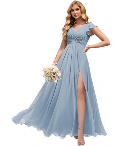 Women's V Neck Short Sleeve Bridesmaid Dresses Pleated Chiffon A Line Long Formal Dress with Slit QA101 Dusty Blue $29.69 Dre...