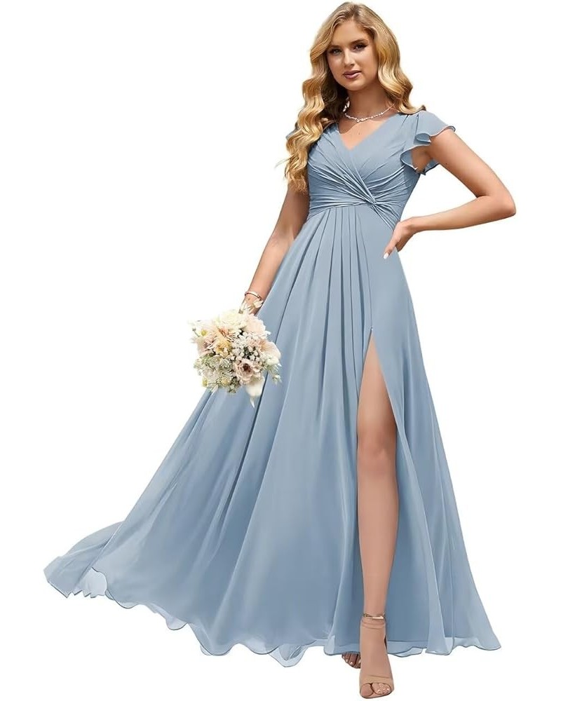 Women's V Neck Short Sleeve Bridesmaid Dresses Pleated Chiffon A Line Long Formal Dress with Slit QA101 Dusty Blue $29.69 Dre...