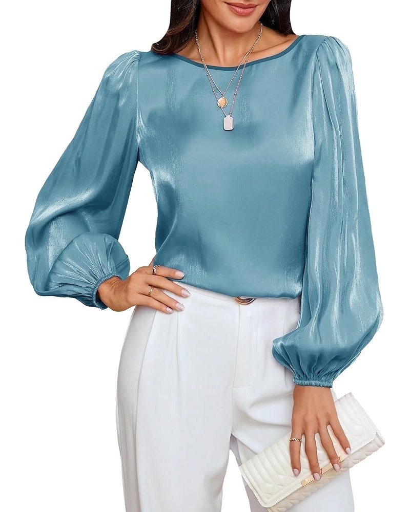 Women's Solid Lantern Long Sleeve Round Neck Satin Blouse Casual Shirt Top Dusty Blue $16.79 Blouses