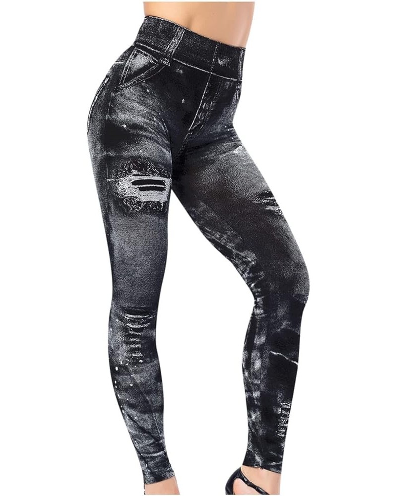 Women Denim Print Leggings Fake Jeans Seamless Full Length Tights Stretch High Waist Jeggings Workout Sport Yoga Pants Black ...