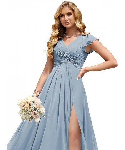 Women's V Neck Short Sleeve Bridesmaid Dresses Pleated Chiffon A Line Long Formal Dress with Slit QA101 Dusty Blue $29.69 Dre...