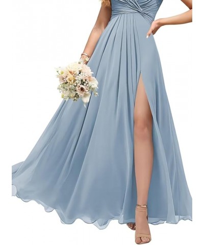 Women's V Neck Short Sleeve Bridesmaid Dresses Pleated Chiffon A Line Long Formal Dress with Slit QA101 Dusty Blue $29.69 Dre...