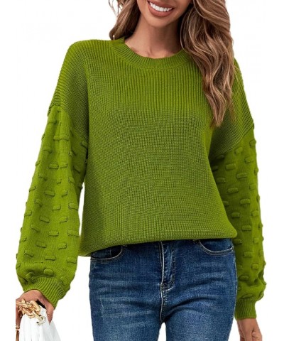 Fall Sweaters for Women Crew Neck Long Lantern Sleeve Knit Solid Soft Pullover Sweater Tops Green $13.99 Sweaters