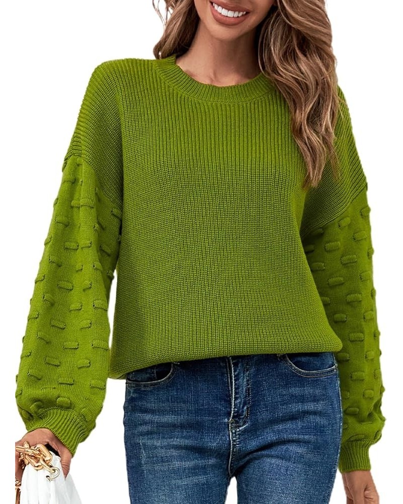 Fall Sweaters for Women Crew Neck Long Lantern Sleeve Knit Solid Soft Pullover Sweater Tops Green $13.99 Sweaters