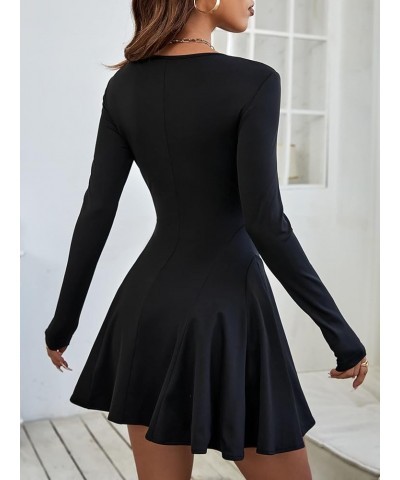 Women's Long Sleeve A Line Fit and Flare Dress Solid Mini Dresses Pure Black $15.96 Dresses