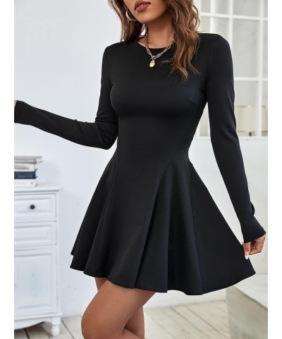 Women's Long Sleeve A Line Fit and Flare Dress Solid Mini Dresses Pure Black $15.96 Dresses