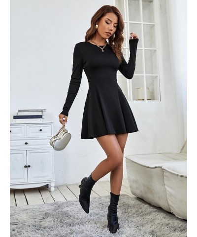 Women's Long Sleeve A Line Fit and Flare Dress Solid Mini Dresses Pure Black $15.96 Dresses