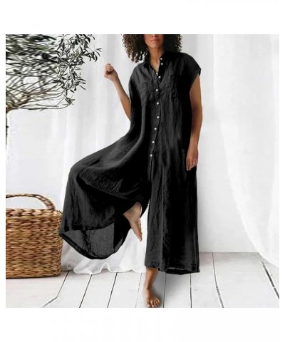 Jumpsuits For Women Sexy Summer Boho Lightweight Cotton Linen Button Up Overalls Long Sleeve Wide Leg Rompers With Pocket Y1-...