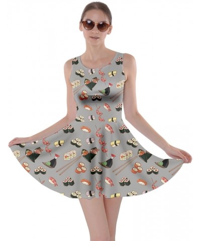 Womens Summer Sun Dress Japanese Style Sushi Goldfish Fan Dragon Fuji Pattern Skater Dress, XS-5XL Gray $16.19 Others