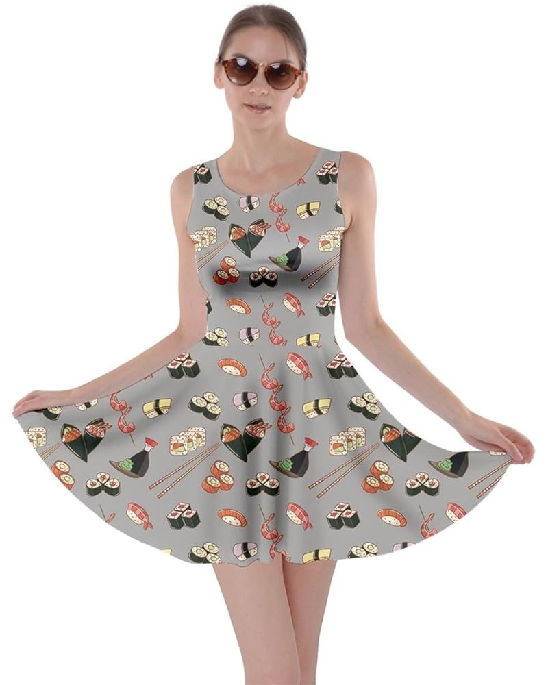 Womens Summer Sun Dress Japanese Style Sushi Goldfish Fan Dragon Fuji Pattern Skater Dress, XS-5XL Gray $16.19 Others