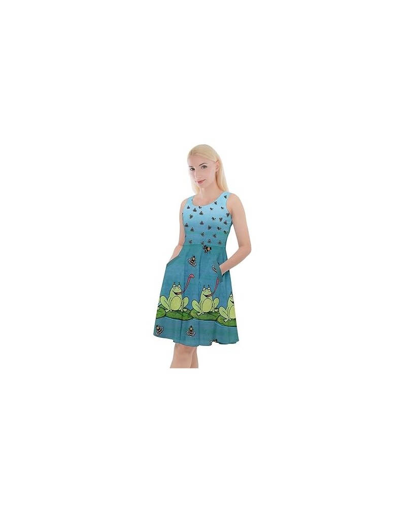 Womens Honeycombs Casual Knee Length Skater Dress with Pockets - 3XL X-Small Dark Cyan Frogs $20.99 Dresses