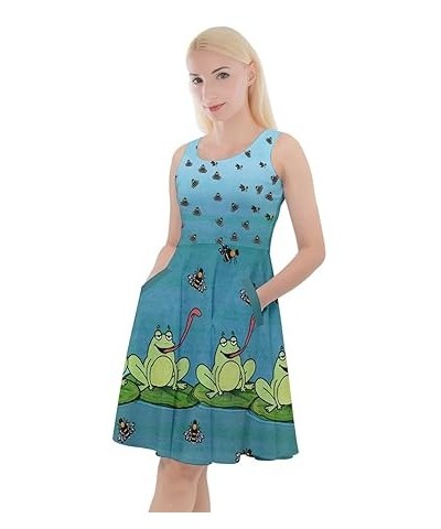 Womens Honeycombs Casual Knee Length Skater Dress with Pockets - 3XL X-Small Dark Cyan Frogs $20.99 Dresses