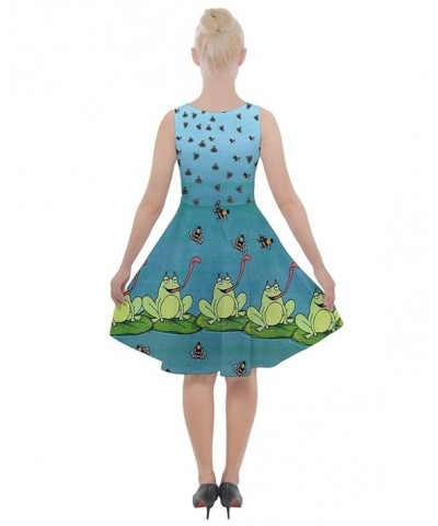 Womens Honeycombs Casual Knee Length Skater Dress with Pockets - 3XL X-Small Dark Cyan Frogs $20.99 Dresses