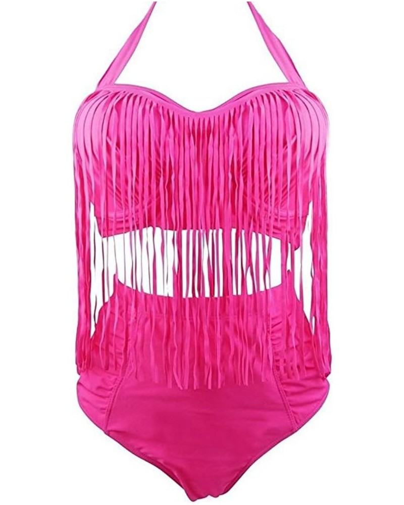 Women's Retro High Waist Braided Fringe Top Bikini Swimwear Plus Size Rosered $11.76 Swimsuits