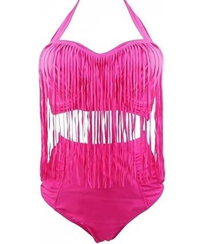 Women's Retro High Waist Braided Fringe Top Bikini Swimwear Plus Size Rosered $11.76 Swimsuits