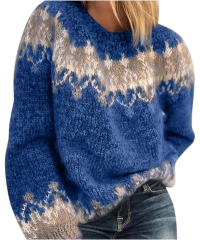 Color Block Mohair Chunky Knit Pullover Sweater, Casual Long Sleeve Raglan Shoulder Fuzzy Sweater for Fall & Winter Blue $8.9...