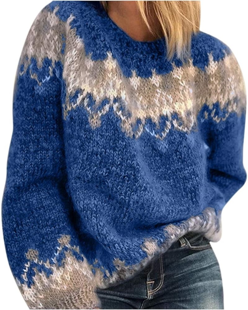 Color Block Mohair Chunky Knit Pullover Sweater, Casual Long Sleeve Raglan Shoulder Fuzzy Sweater for Fall & Winter Blue $8.9...