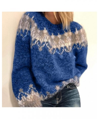 Color Block Mohair Chunky Knit Pullover Sweater, Casual Long Sleeve Raglan Shoulder Fuzzy Sweater for Fall & Winter Blue $8.9...