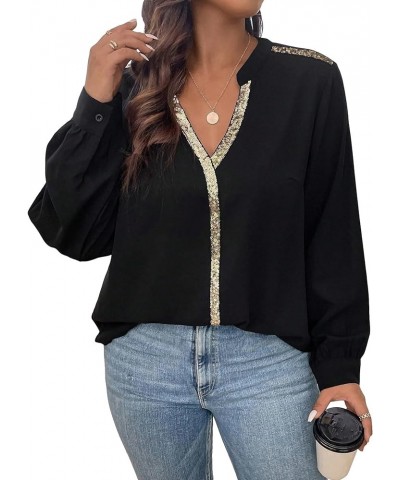 Women's Plus Size Sequin Long Sleeve Notched V Neck Casual Blouse Shirt Tops Black $21.65 Blouses