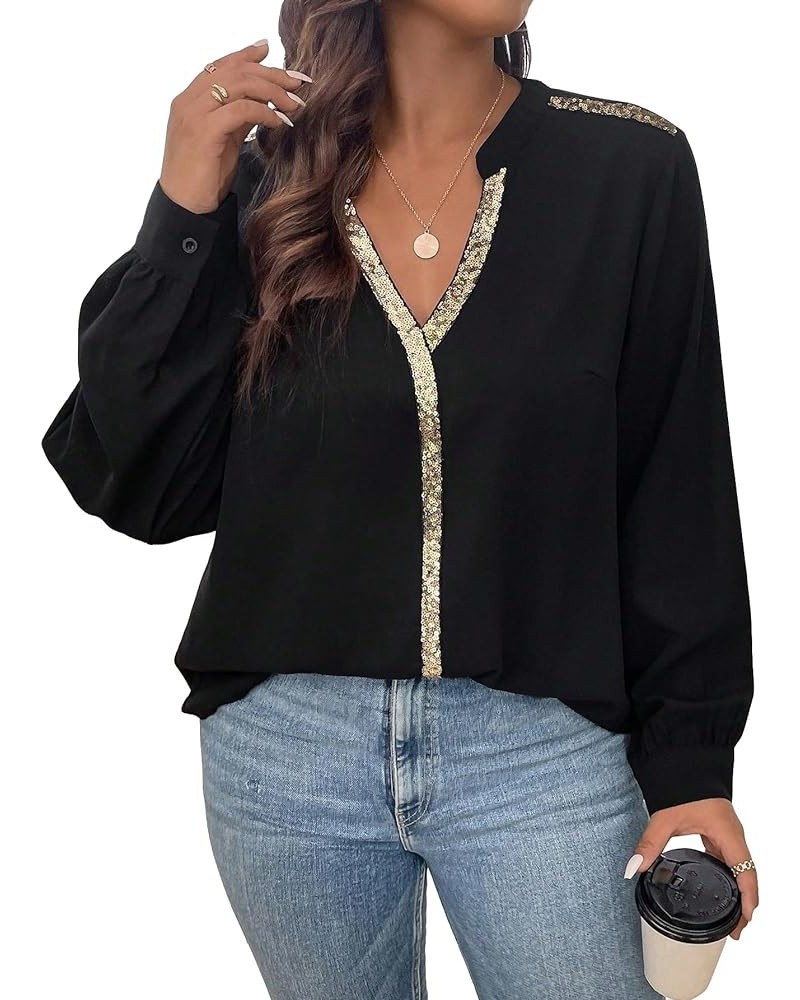 Women's Plus Size Sequin Long Sleeve Notched V Neck Casual Blouse Shirt Tops Black $21.65 Blouses