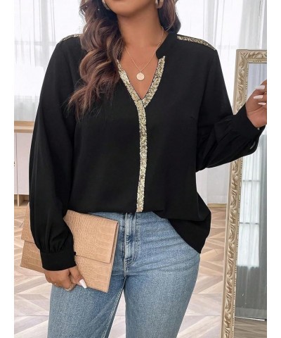 Women's Plus Size Sequin Long Sleeve Notched V Neck Casual Blouse Shirt Tops Black $21.65 Blouses