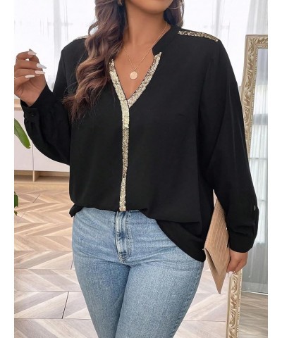 Women's Plus Size Sequin Long Sleeve Notched V Neck Casual Blouse Shirt Tops Black $21.65 Blouses