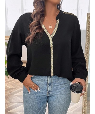 Women's Plus Size Sequin Long Sleeve Notched V Neck Casual Blouse Shirt Tops Black $21.65 Blouses