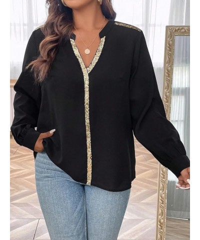 Women's Plus Size Sequin Long Sleeve Notched V Neck Casual Blouse Shirt Tops Black $21.65 Blouses