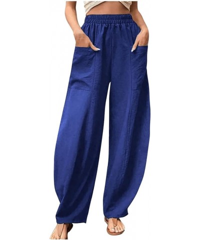 Women Plus Size Linen Pants High Waisted Solid Palazzo Pants Wide Leg Long Straight Casual Trousers with Pockets 2 Blue $8.55...