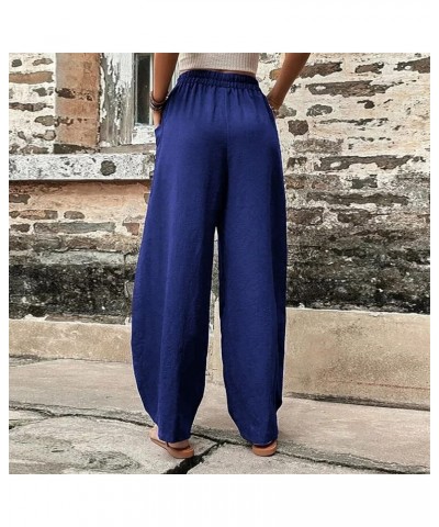 Women Plus Size Linen Pants High Waisted Solid Palazzo Pants Wide Leg Long Straight Casual Trousers with Pockets 2 Blue $8.55...