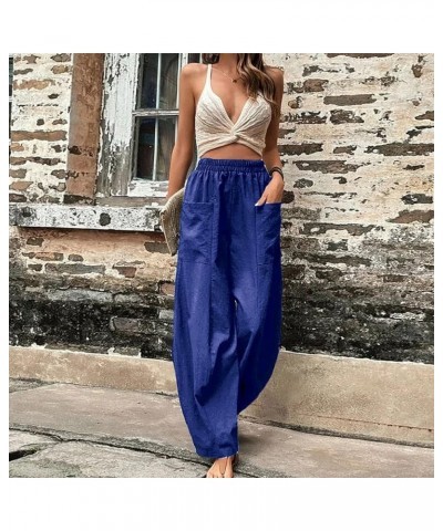 Women Plus Size Linen Pants High Waisted Solid Palazzo Pants Wide Leg Long Straight Casual Trousers with Pockets 2 Blue $8.55...