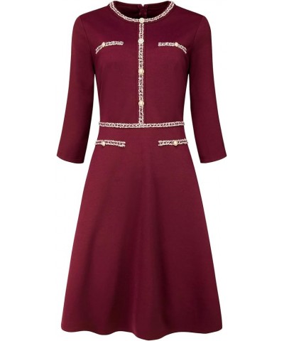 Women's A-Line Dress Office 3/4 Sleeve Tweed Trim Elegant Dresses Dark Red $25.20 Dresses