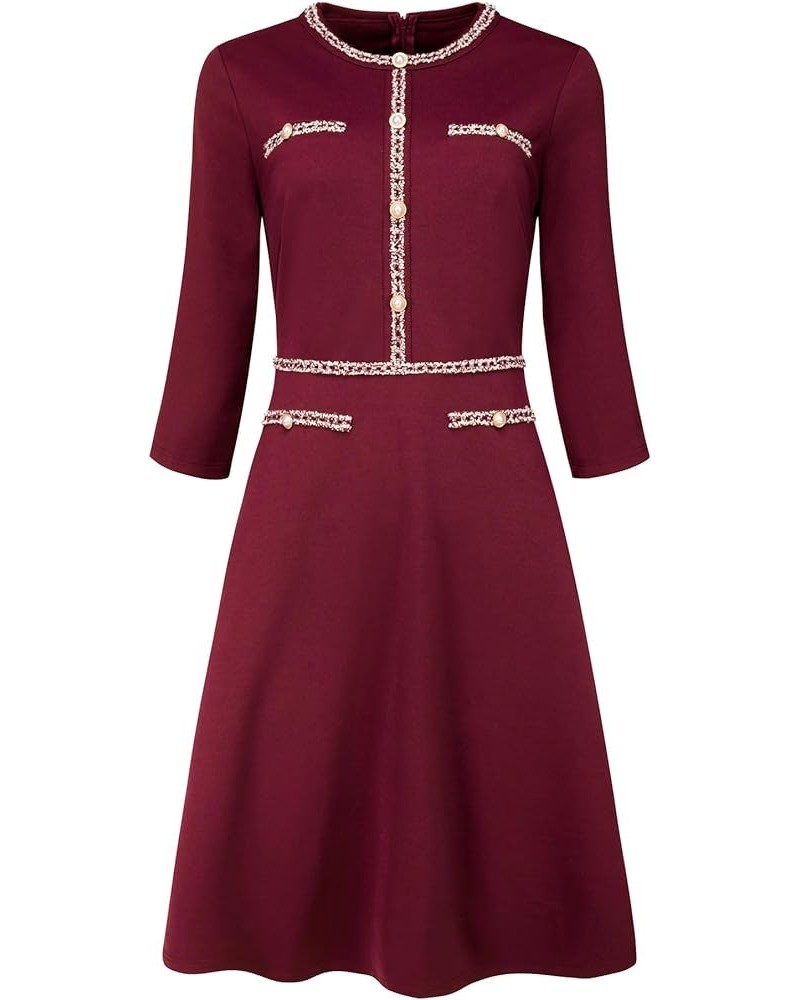 Women's A-Line Dress Office 3/4 Sleeve Tweed Trim Elegant Dresses Dark Red $25.20 Dresses