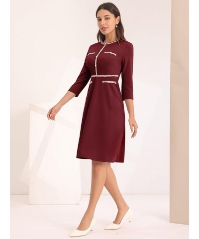 Women's A-Line Dress Office 3/4 Sleeve Tweed Trim Elegant Dresses Dark Red $25.20 Dresses