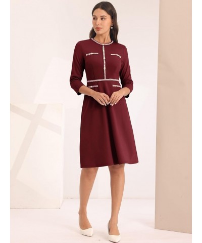 Women's A-Line Dress Office 3/4 Sleeve Tweed Trim Elegant Dresses Dark Red $25.20 Dresses