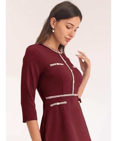 Women's A-Line Dress Office 3/4 Sleeve Tweed Trim Elegant Dresses Dark Red $25.20 Dresses