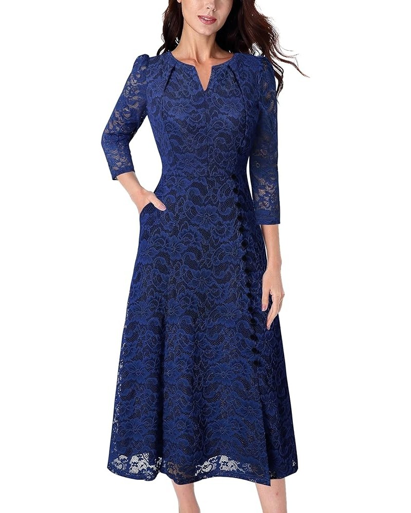 Women Pleated Neck Pockets Buttons Work Office Business A-Line Midi Dress Dark Blue Floral Lace-2 $28.55 Dresses