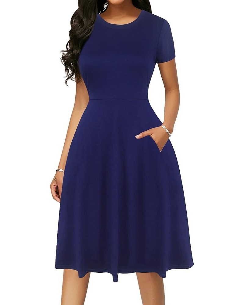 Women Casual Dress Round Neck Soft Cotton Floral A-Line Midi Summer Dresses with Pockets OX262 Navy Blue $23.39 Dresses