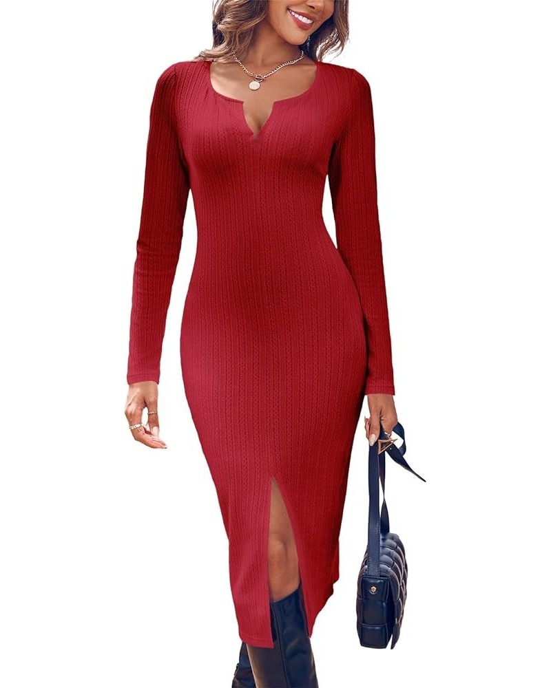 Women's Sexy V Neck Knit Bodycon Dress Long Sleeve Slim Fit Split Casual Sweater Midi Dress Dark Red $11.99 Dresses