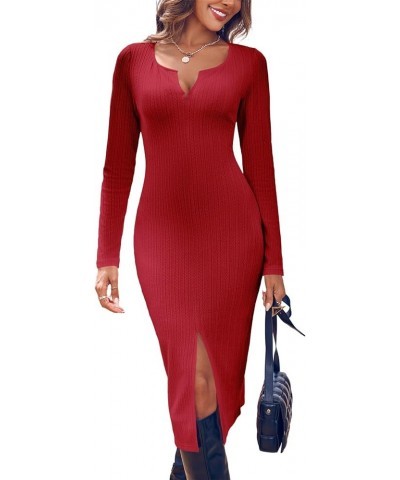 Women's Sexy V Neck Knit Bodycon Dress Long Sleeve Slim Fit Split Casual Sweater Midi Dress Dark Red $11.99 Dresses