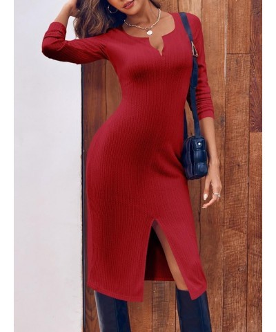 Women's Sexy V Neck Knit Bodycon Dress Long Sleeve Slim Fit Split Casual Sweater Midi Dress Dark Red $11.99 Dresses