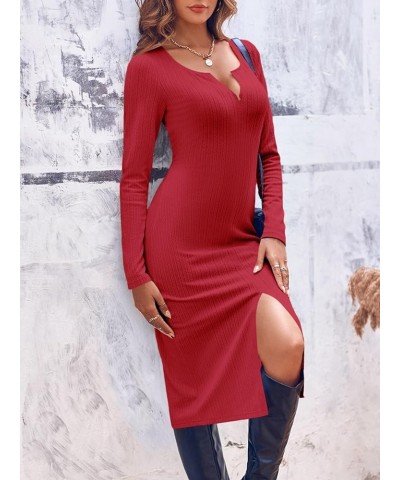 Women's Sexy V Neck Knit Bodycon Dress Long Sleeve Slim Fit Split Casual Sweater Midi Dress Dark Red $11.99 Dresses