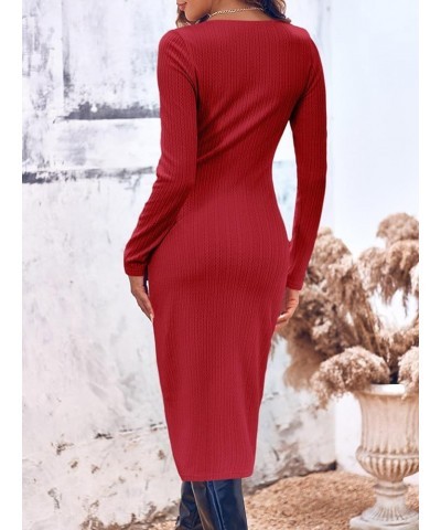 Women's Sexy V Neck Knit Bodycon Dress Long Sleeve Slim Fit Split Casual Sweater Midi Dress Dark Red $11.99 Dresses