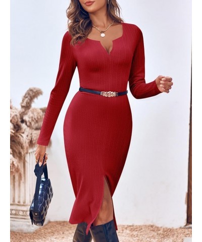 Women's Sexy V Neck Knit Bodycon Dress Long Sleeve Slim Fit Split Casual Sweater Midi Dress Dark Red $11.99 Dresses