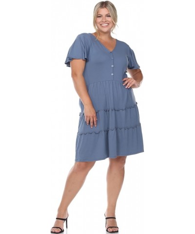 Women's Plus Size Short Sleeve V-Neck Tiered Dress Blue $17.85 Dresses