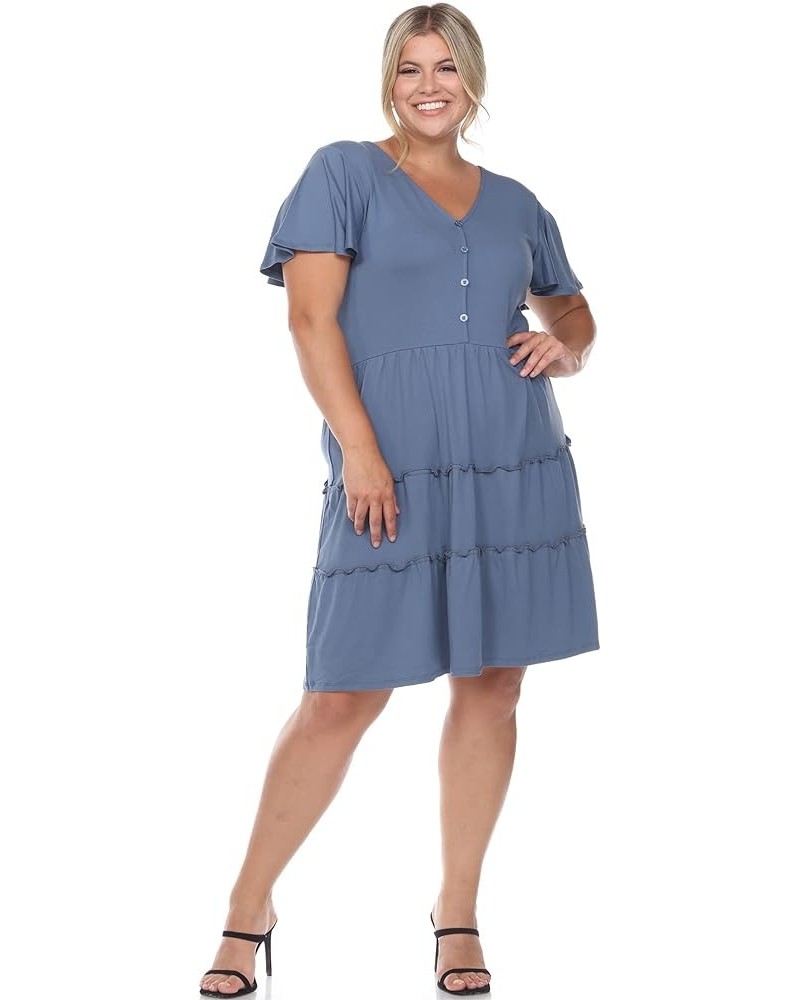 Women's Plus Size Short Sleeve V-Neck Tiered Dress Blue $17.85 Dresses