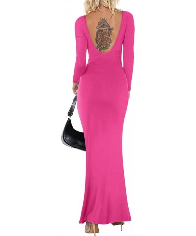 Womens Sexy V Backless Soft Lounge Long Dress Fall Casual Boat Neck Long Sleeve Ribbed Bodycon Maxi Dresses Rose Red $13.24 L...