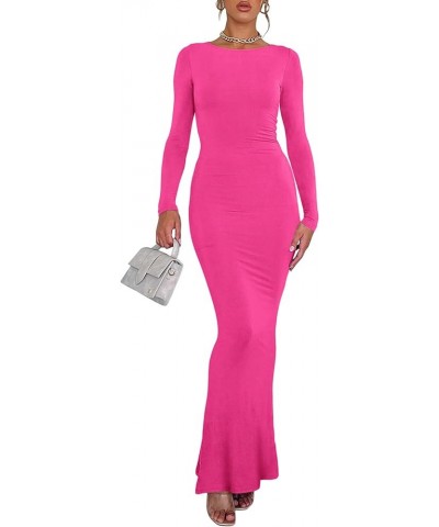 Womens Sexy V Backless Soft Lounge Long Dress Fall Casual Boat Neck Long Sleeve Ribbed Bodycon Maxi Dresses Rose Red $13.24 L...